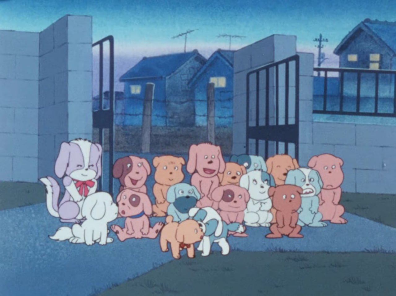 An anime dog with tons of puppies, bowing politely while being accepted into a home.